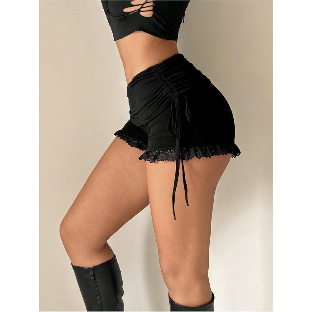 Women's Black Side Drawstring Ruched Lace Shorts Low Rise Stretchy Mini Shorts - Picture 3 of 5